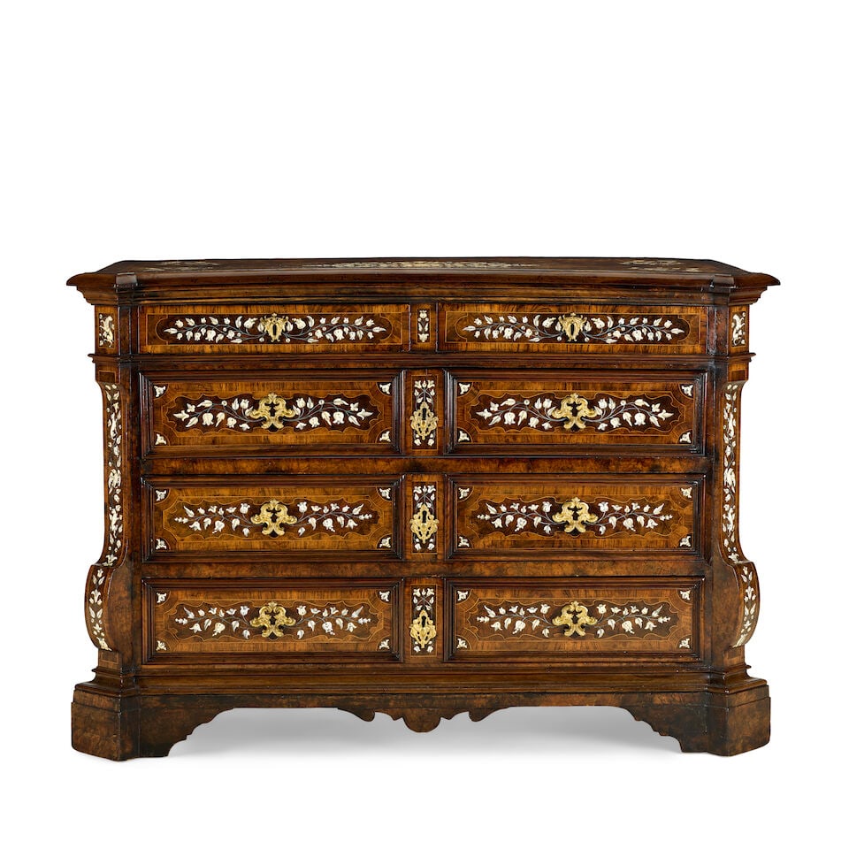 A North Italian walnut, rosewood banded, ivory, bone, and pewter inlaid commodeLombardy, late 17... (1 of 8)