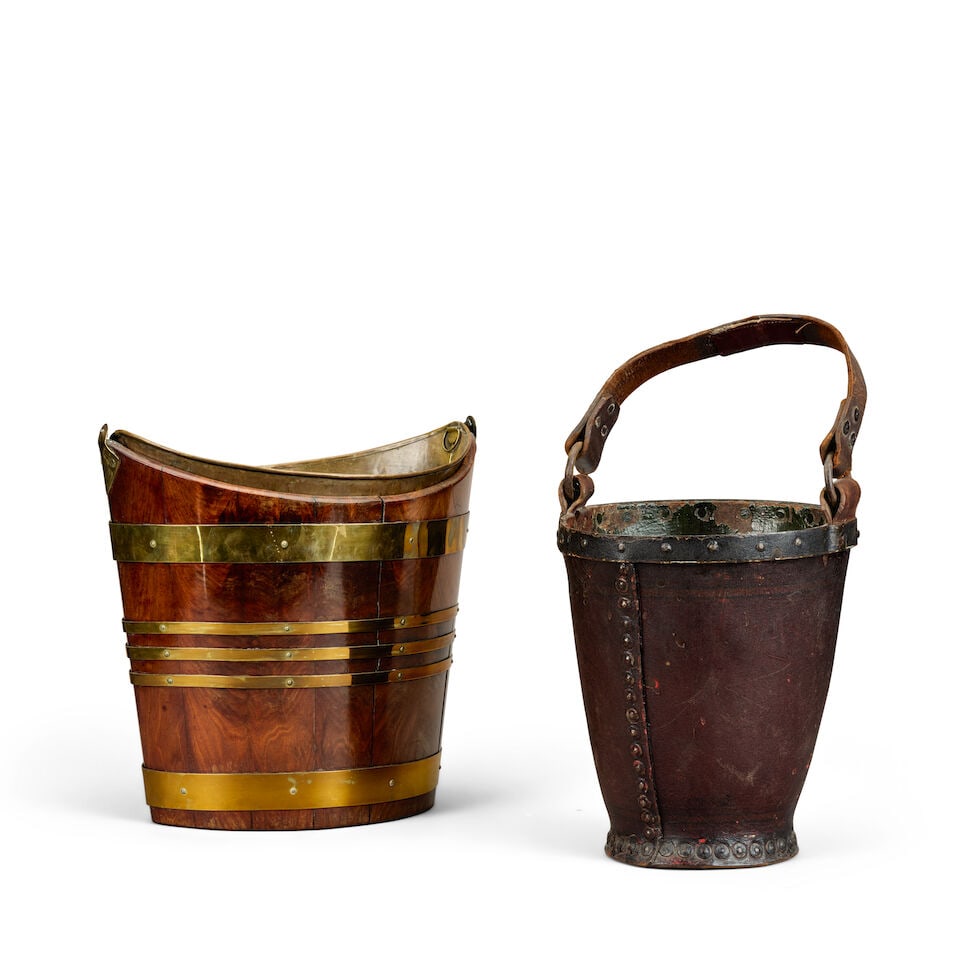 A George III mahogany and brass bound bucket, together with a Victorian painted leather country ... - 2