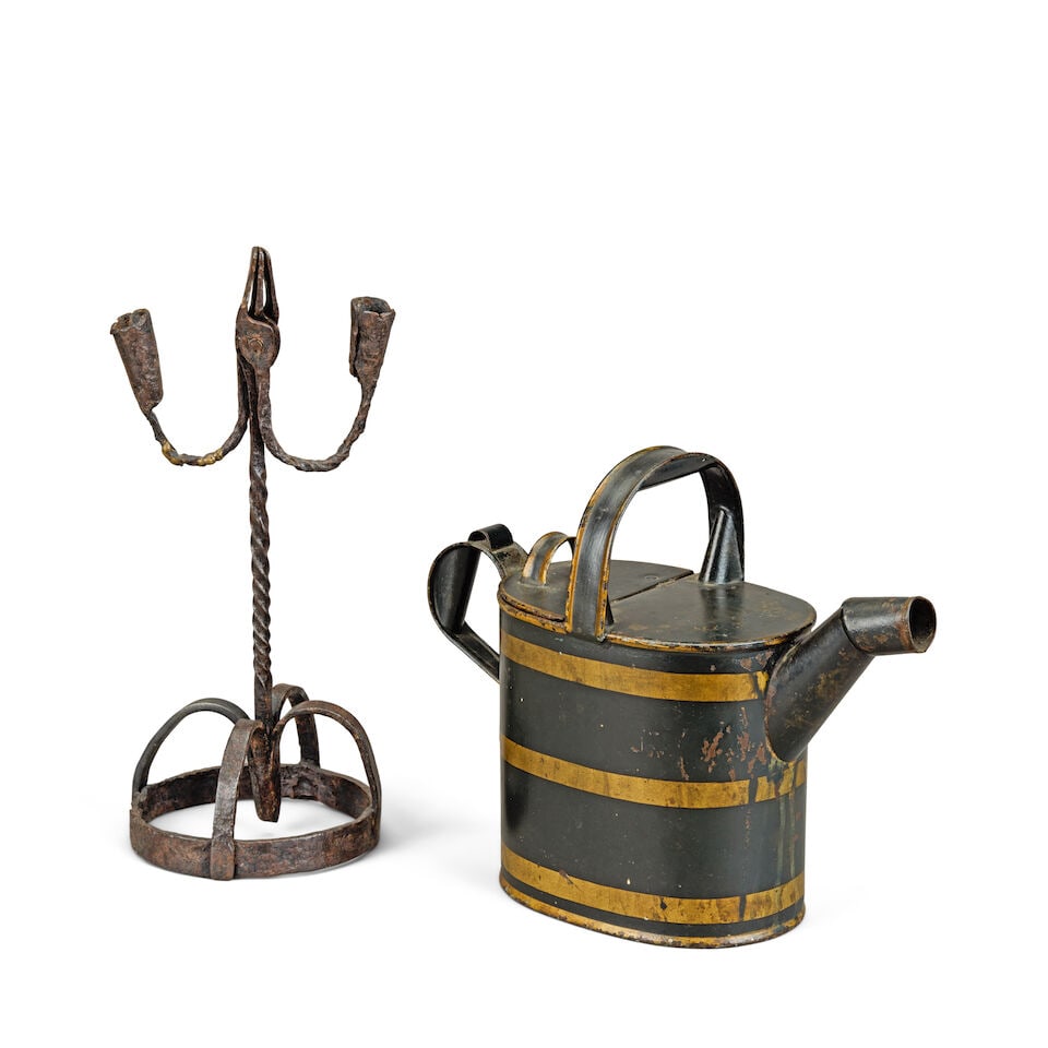 A wrought iron rushlight twin branch candle holder Probably Irish, early 18th century (2) (1 of 2)