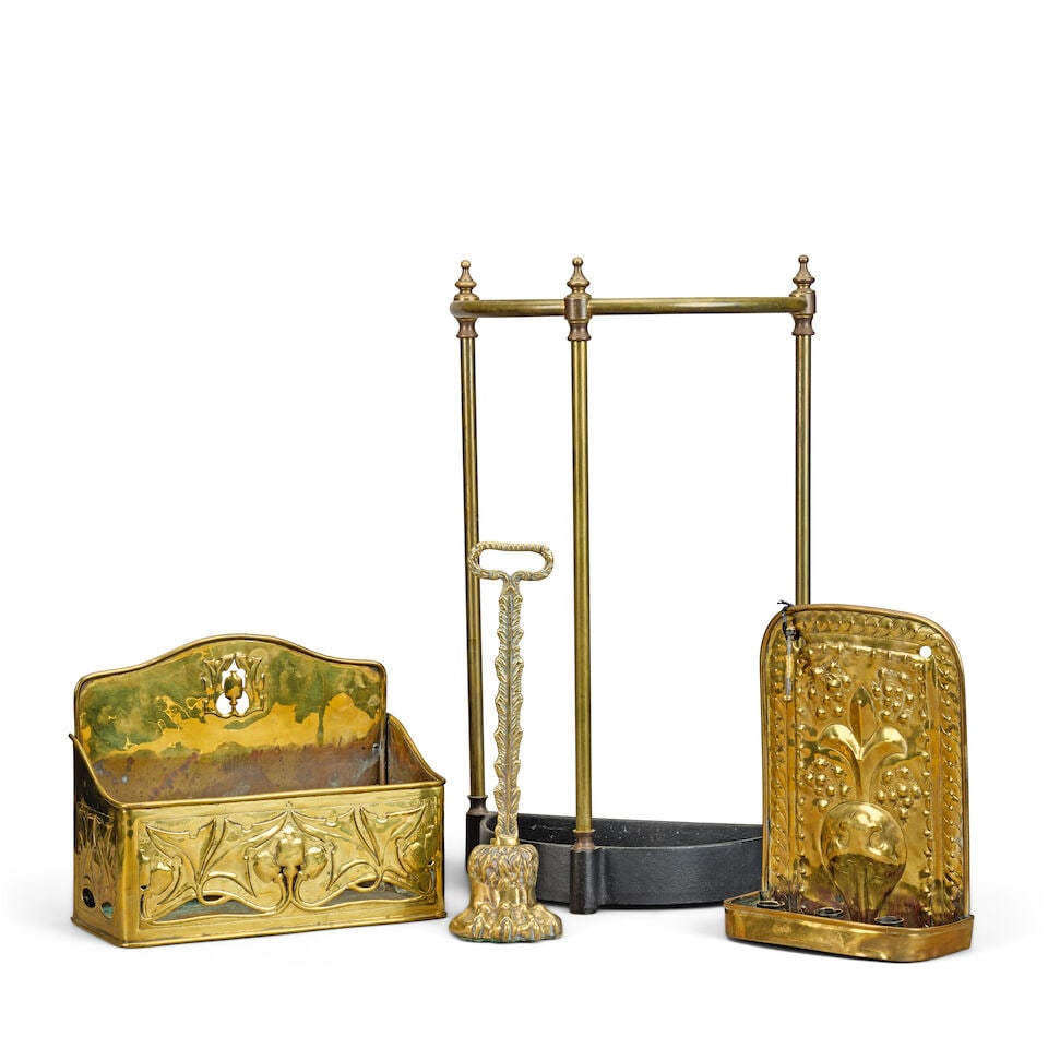 A pressed brass wall mounted candle sconce, together with a Victorian pressed brass wall mounted... - 2