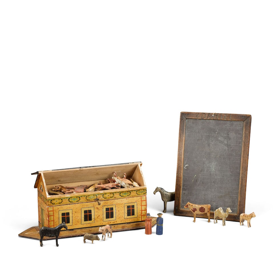 Folk Art: A late 19th / early 20th century polychrome decorated pine model of Noah's Ark, togeth... (1 of 3)