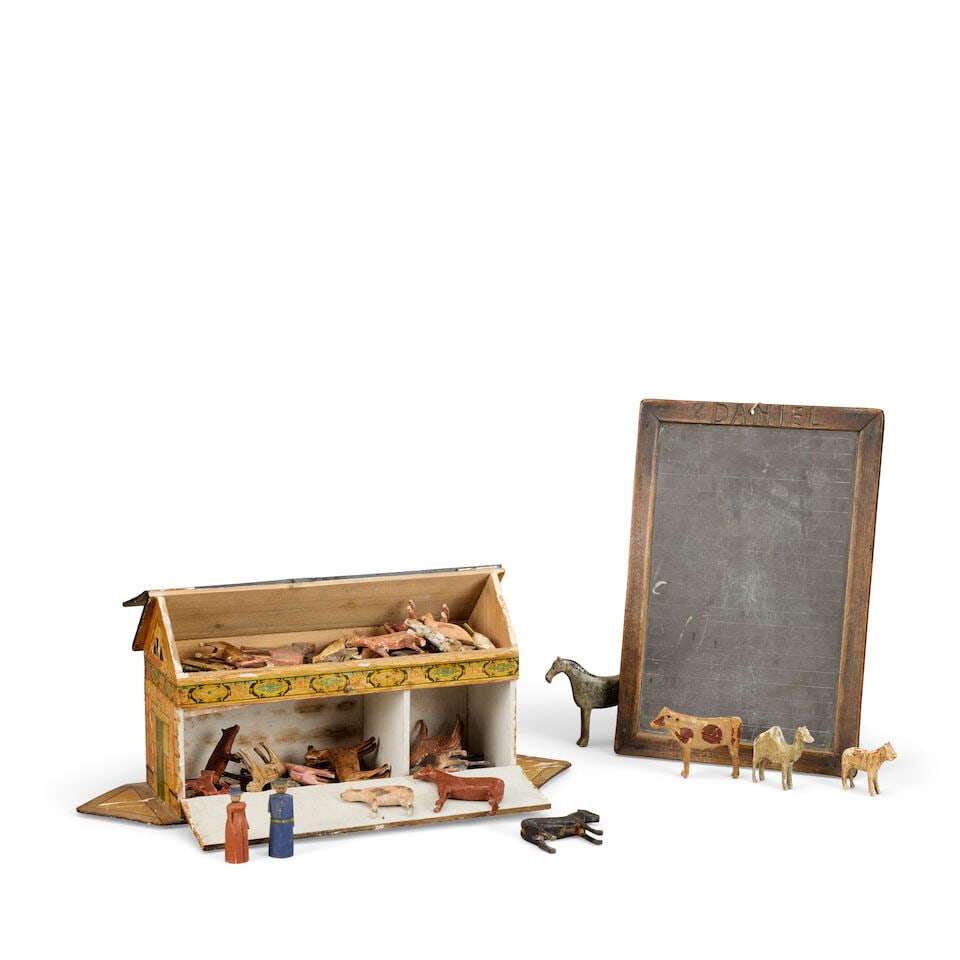 Folk Art: A late 19th / early 20th century polychrome decorated pine model of Noah's Ark, togeth... - 2