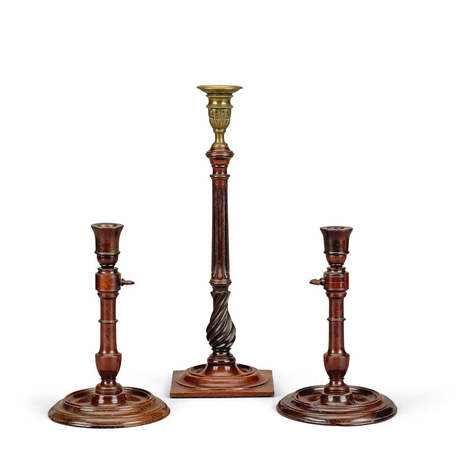 A pair of George III turned yew wood telescopic candlesticks Second half 18th century (3) (1 of 2)