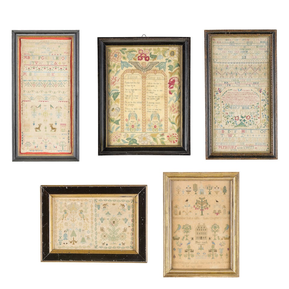 A group of five embroidered children's samplers 18th and 19th century (5) (1 of 11)