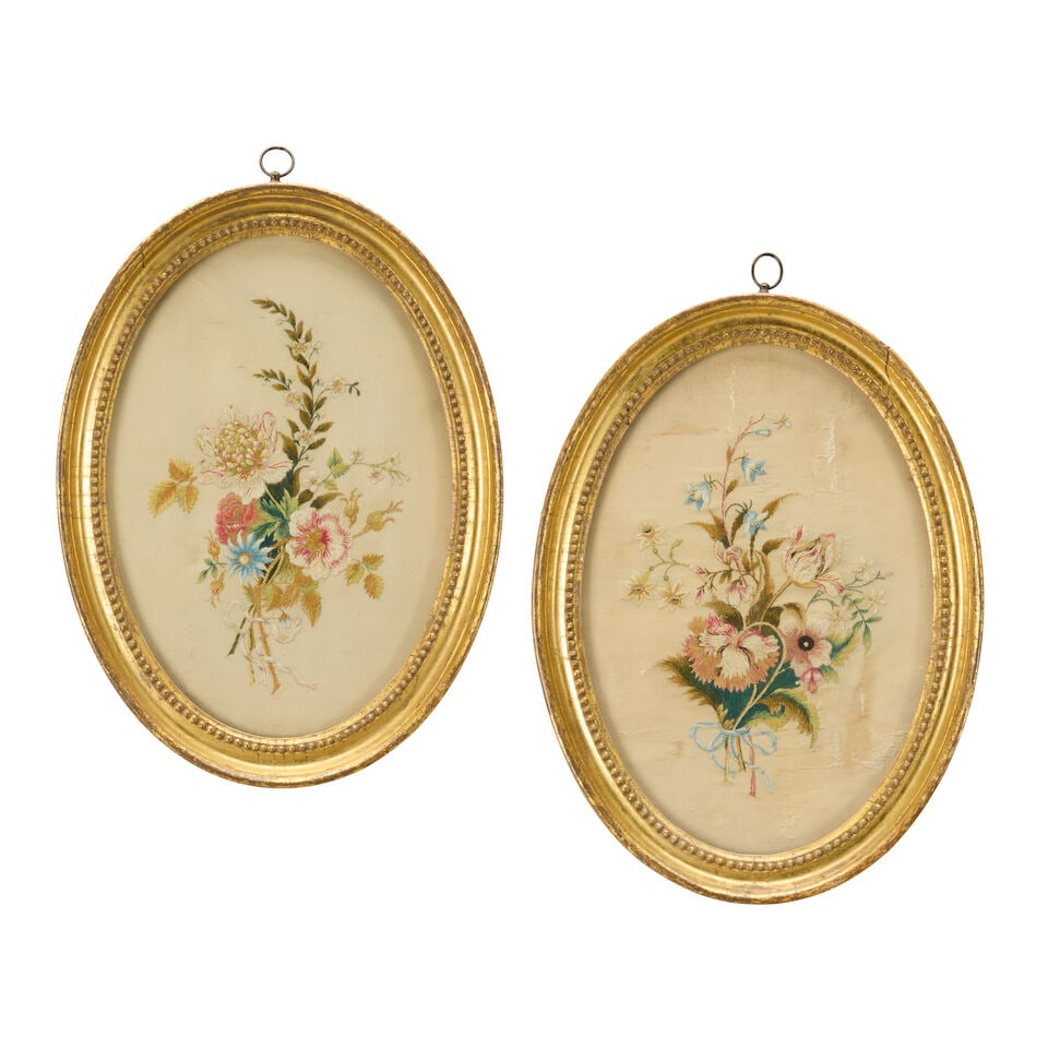 A pair of George III silk embroidery floral studies Early 19th century (2) (1 of 5)