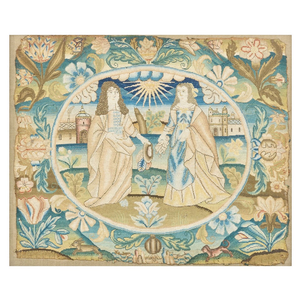 A Charles II needlework of a gentleman and a lady Third quarter 17th century (1 of 3)