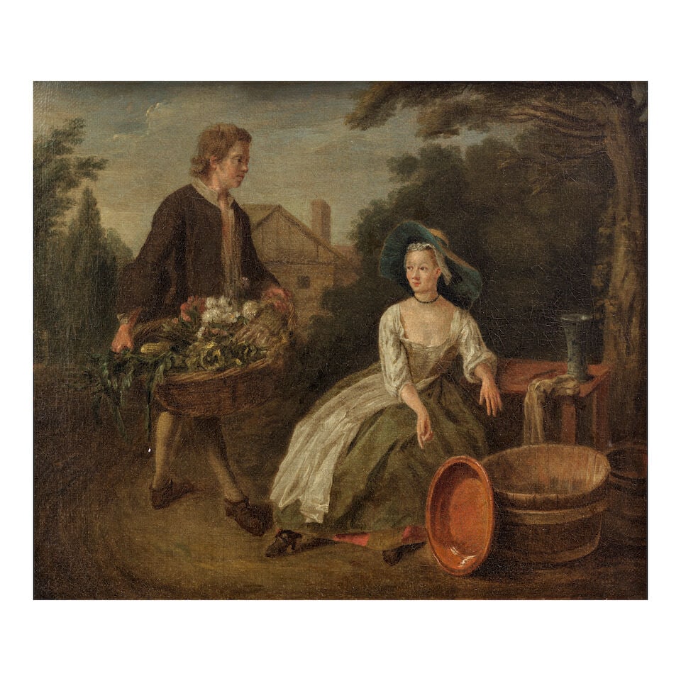 French School, 18th Century Figures in an exterior with wash pots and a basket of fruits and veg...: French School, 18th Century Figures in an exterior with wash pots and a basket of fruits and vegetables oil on canvas 31.4 x 36.1cm (12 3/8 x 14 3/16in). framed: 41.5 x