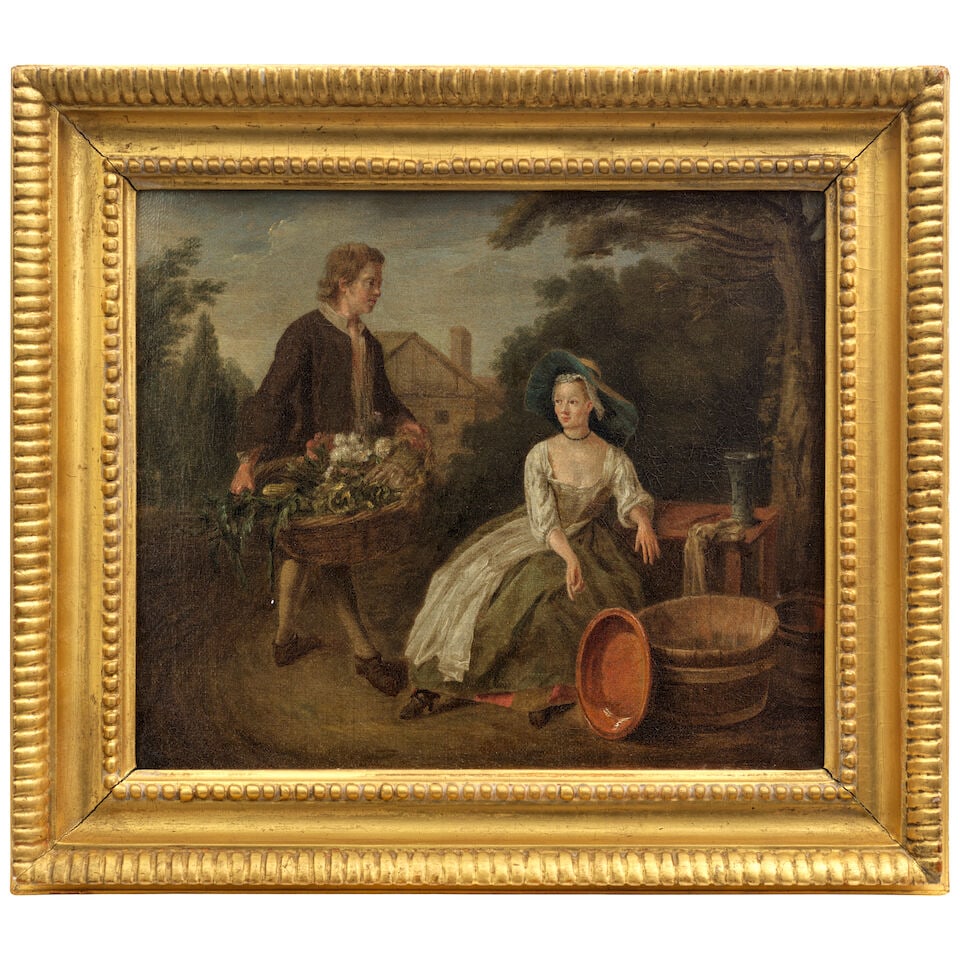 French School, 18th Century Figures in an exterior with wash pots and a basket of fruits and veg... - 2