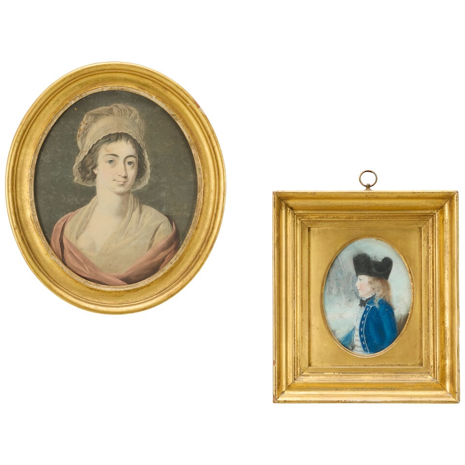 Charles Hayter (British, 1761-1835) Portrait of a young man in naval uniform, said to be Thomas ...: Charles Hayter (British, 1761-1835) Portrait of a young man in naval uniform, said to be Thomas Bennett watercolour and pastel, oval 12 x 9cm (4 3/4 x 3 9/16in). together with a print of a portrait