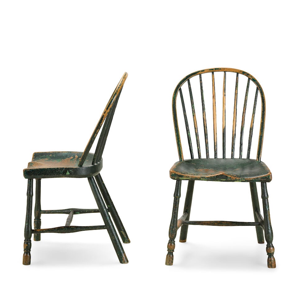 A pair of Victorian ash, elm and green painted comb back chairs 19th century (2) - 2