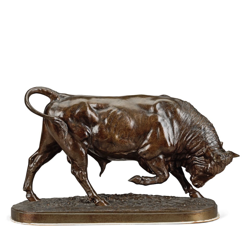 Isidore Jules Bonheur (French, 1827-1901): A large patinated bronze model of a pacing bull: Isidore Jules Bonheur (French, 1827-1901): A large patinated bronze model of a pacing bull The horned animal with its head bowed, its right hoof raised, ready to charge, the whole raised on