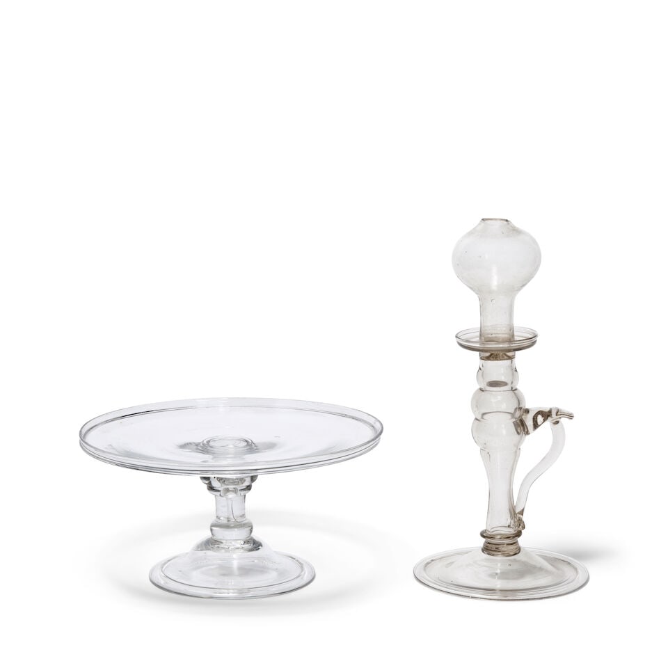 A blown glass lace makers lamp together with a glass tazza or stand 19th century, the tazza 18th... (1 of 1)