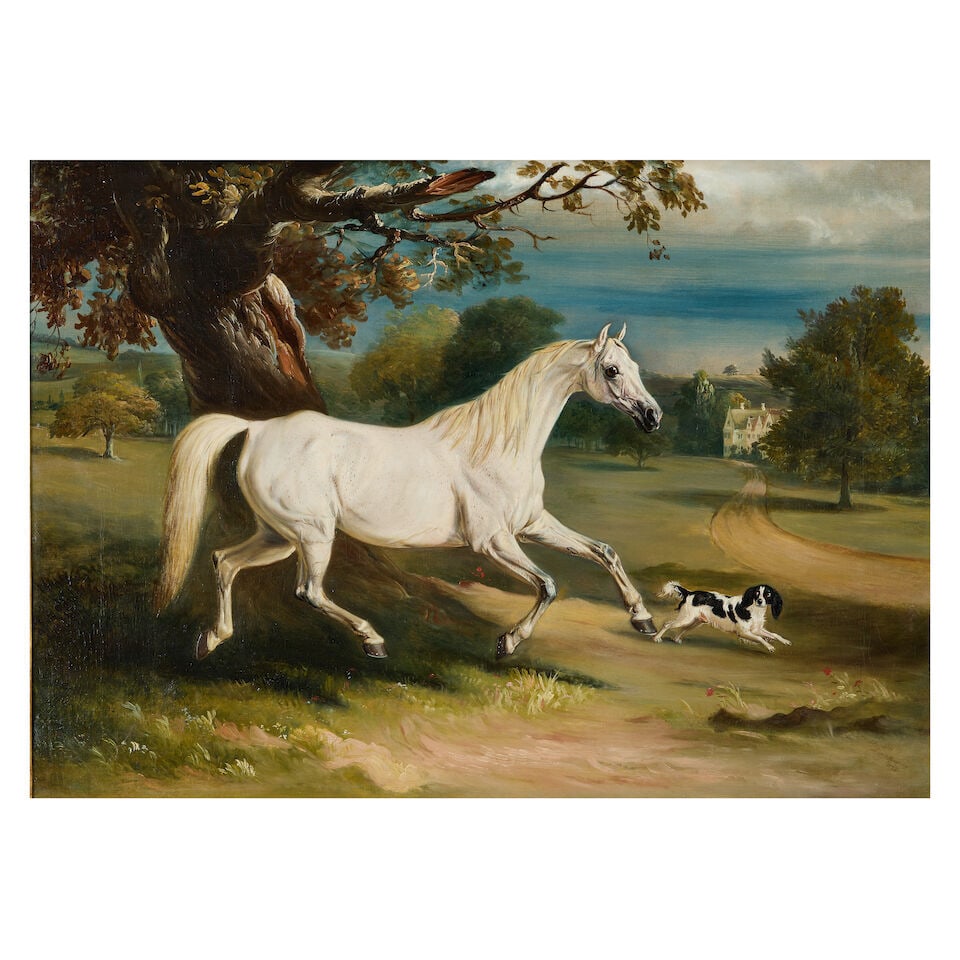 John Ferneley Senior (Thrussington 1782-1860 Melton Mowbray) Mr. Dawson's 'Phoebus', a grey hunt...: John Ferneley Senior (Thrussington 1782-1860 Melton Mowbray) Mr. Dawson's 'Phoebus', a grey hunter with a spaniel, in the grounds of Launde Abbey, Leicestershire signed, inscribed and dated