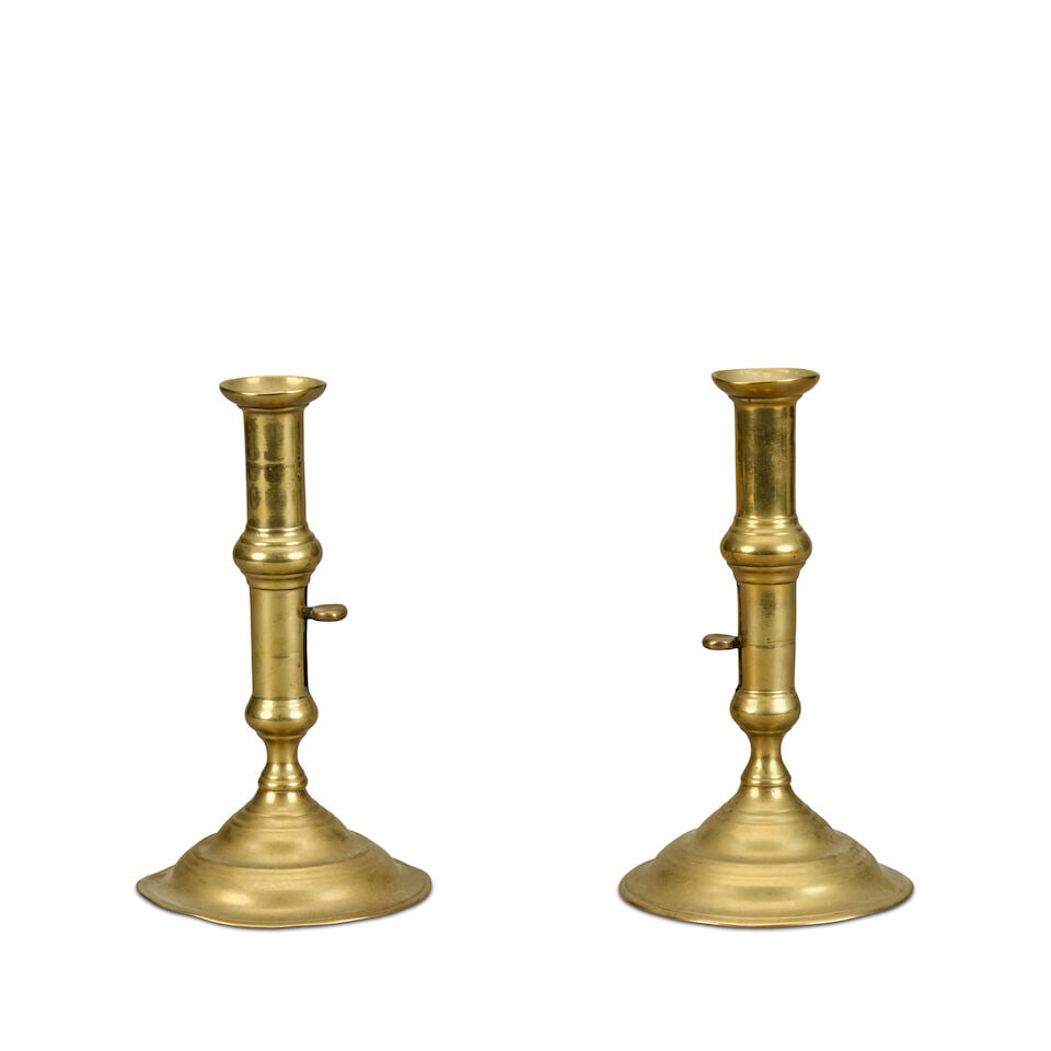 A pair of George III brass 'push-up' candlesticks Late 18th / early 19th century (2) (1 of 2)
