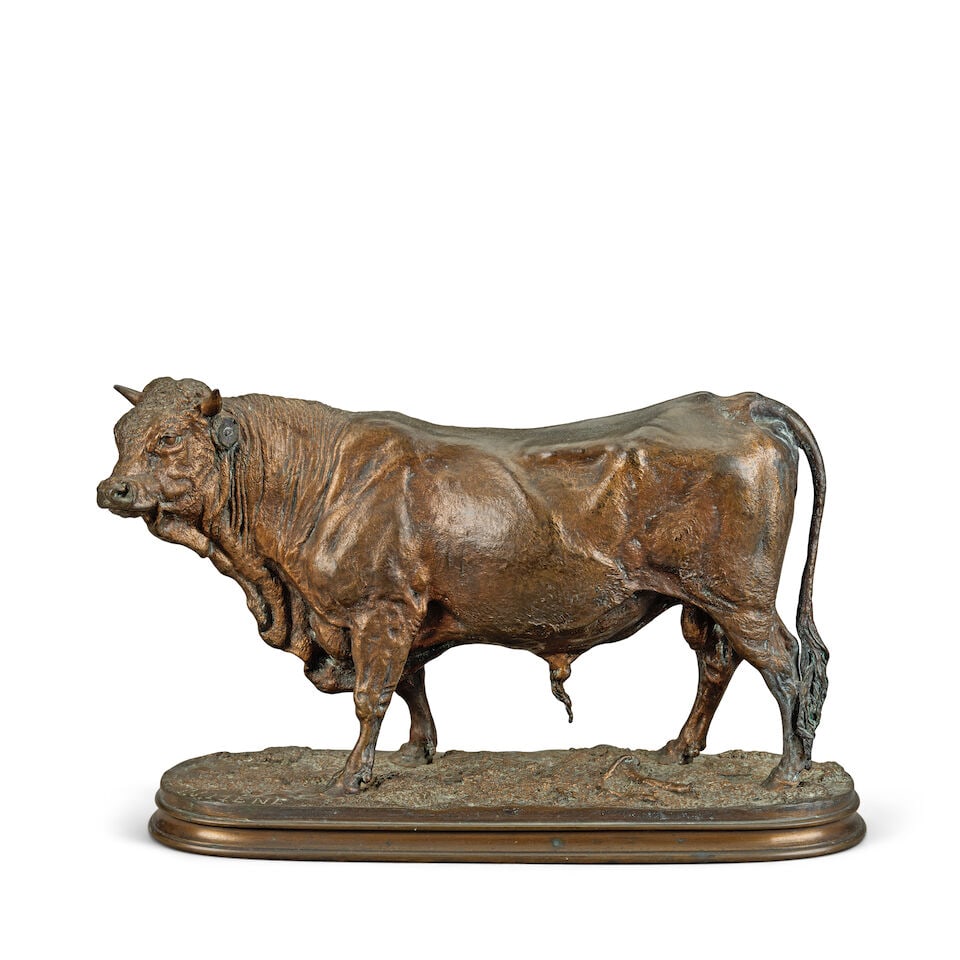 Pierre Jules Mêne (French, 1810-1879): a large patinated bronze model of a bull, Taureau No...: Pierre Jules Mêne (French, 1810-1879): a large patinated bronze model of a bull, Taureau Normande Naturalistically modelled, signed 'P.J.MÊNE' to the front left edge, 35cm wide, 14cm deep,