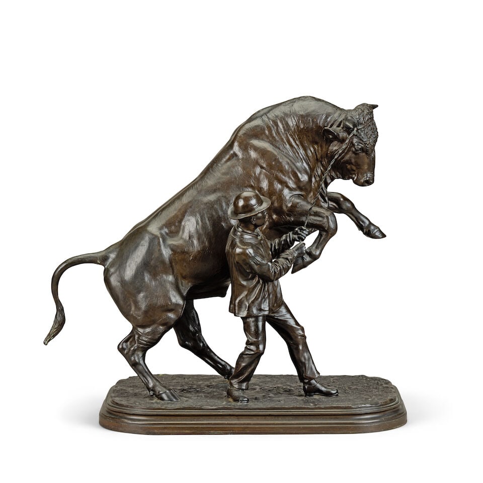 Isidore Jules Bonheur (French, 1827-1901): A large patinated bronze model of a rearing bull and ... (1 of 5)