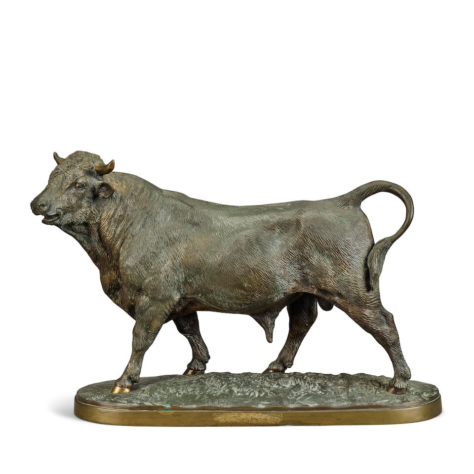 After Isidore Jules Bonheur (French, 1827-1901): A large gilt and patinated bronze model of Taur...: After Isidore Jules Bonheur (French, 1827-1901): A large gilt and patinated bronze model of Taureau Debout The horned animal looking slightly to sinister raised on naturalistic oval plinth base, signe