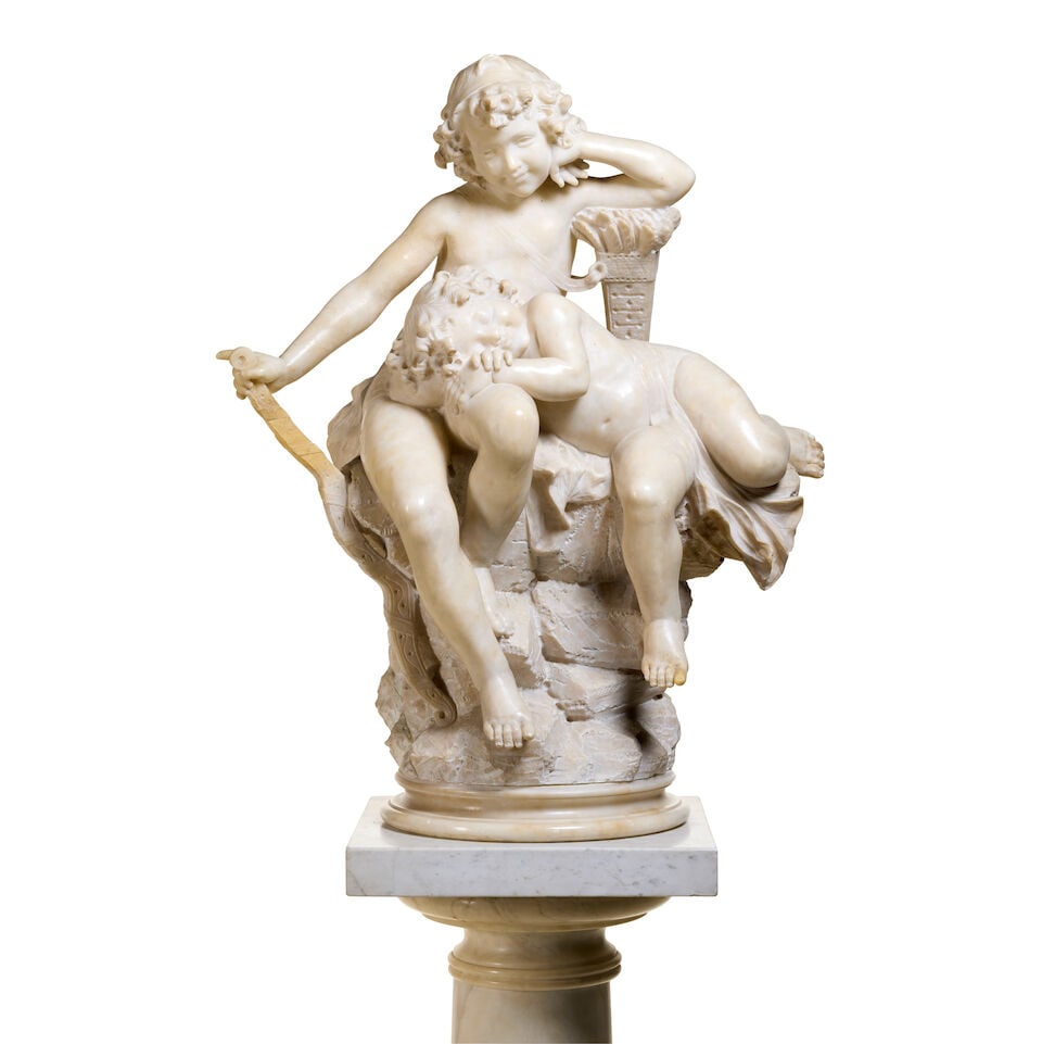 An Italian late 19th century alabaster group of cupid with a sleeping putto By Umberto Biagini (2): An Italian late 19th century alabaster group of cupid with a sleeping putto By Umberto Biagini The putto resting his head on cupid, seated on a rocky outcrop, together with a turned marble pedestal, l