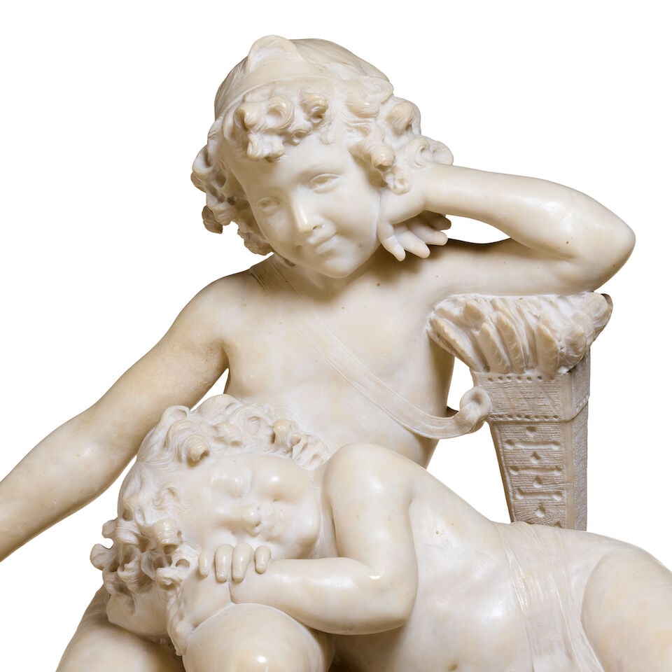 An Italian late 19th century alabaster group of cupid with a sleeping putto By Umberto Biagini (2) - 6