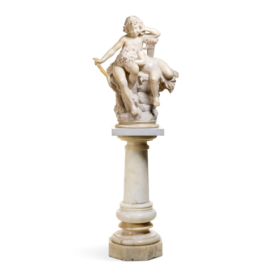 An Italian late 19th century alabaster group of cupid with a sleeping putto By Umberto Biagini (2) - 7