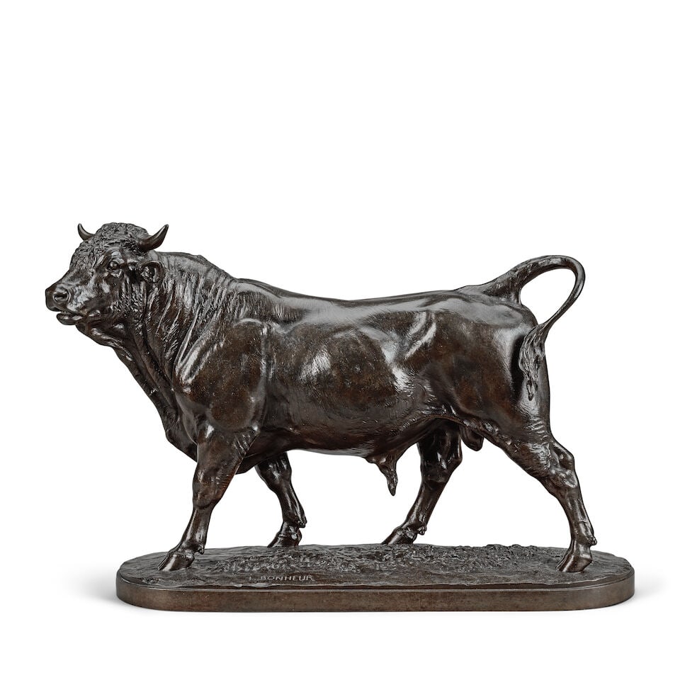 Isidore Jules Bonheur (French, 1827-1901): A large patinated bronze model of a standing bull: Isidore Jules Bonheur (French, 1827-1901): A large patinated bronze model of a standing bull The horned animal looking slightly to sinister raised on naturalistic oval plinth base, signed to the