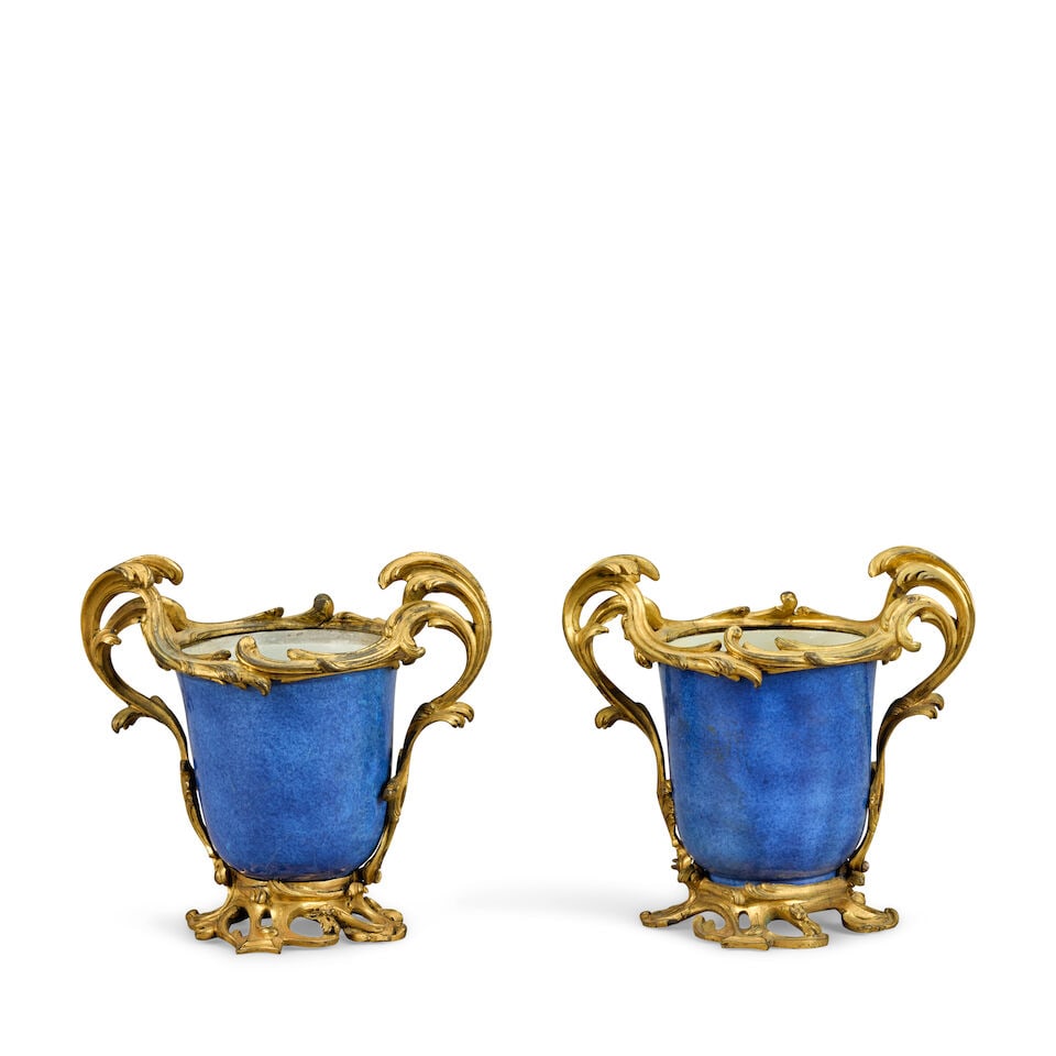 A pair of Louis XV gilt bronze mounted Chinese powder-blue glazed porcelain vases The porcelain ... (1 of 5)