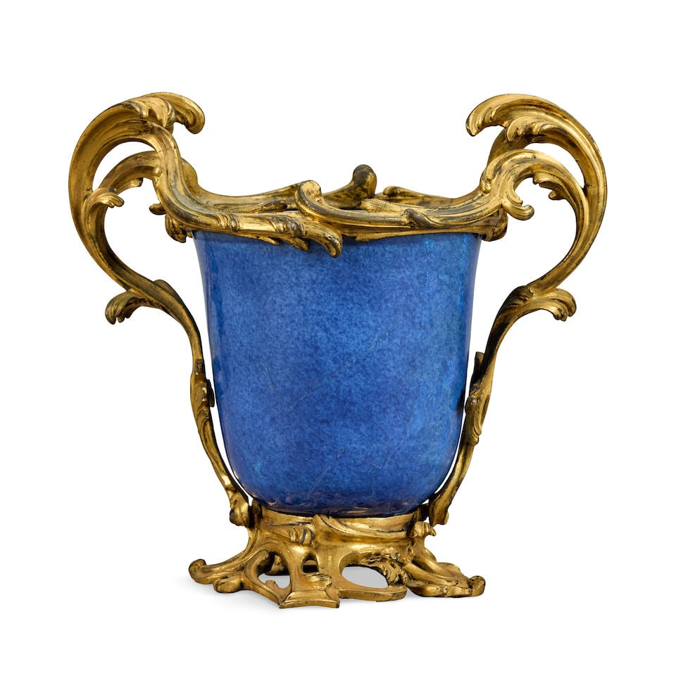 A pair of Louis XV gilt bronze mounted Chinese powder-blue glazed porcelain vases The porcelain ... - 2