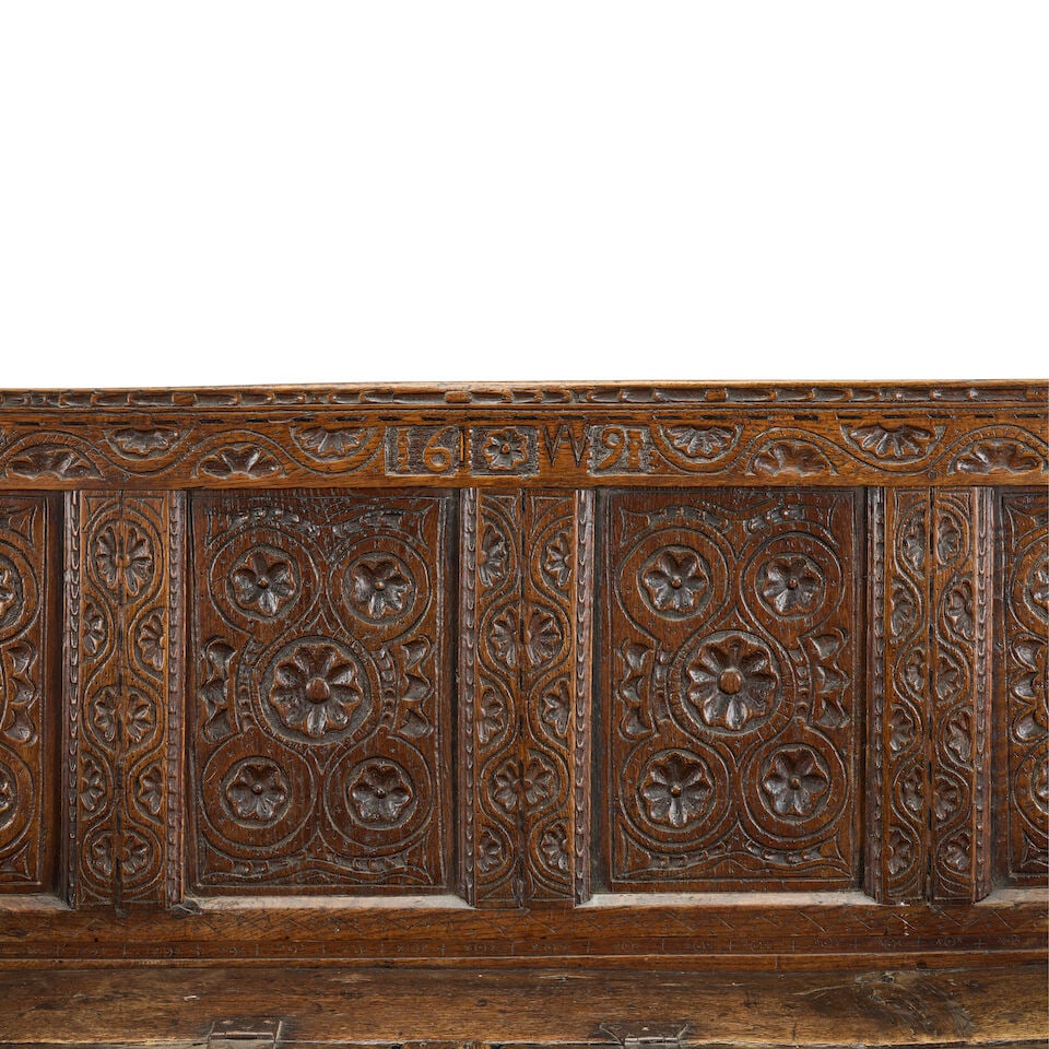 An 18th century and later carved oak and elm box settle - 3