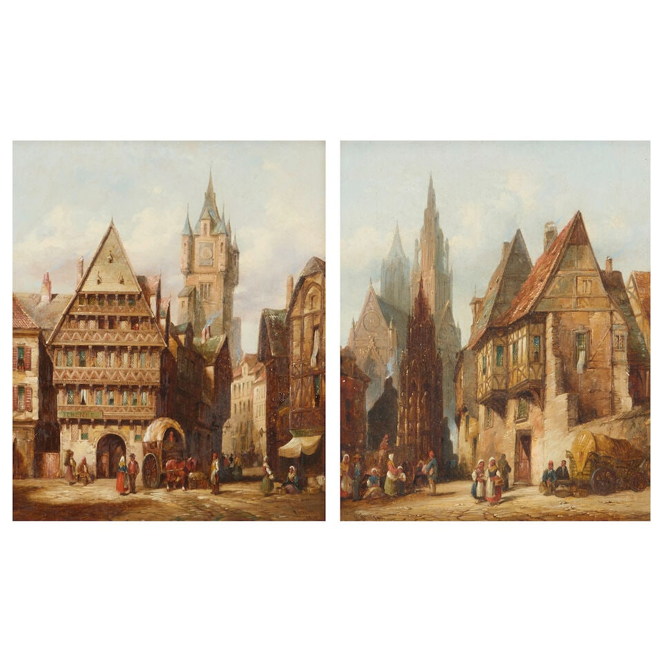 Henry Thomas Schaefer (British, 1854-1915) Two Views of Belgium each 30 x 25.5cm (11 13/16 x 10 ...: Henry Thomas Schaefer (British, 1854-1915) Two Views of Belgium each signed and dated 'H. Schaefer/1874' (one lower left, the other lower right) oil on canvas each 30 x 25.5cm (11 13/16 x 10 1/16in)