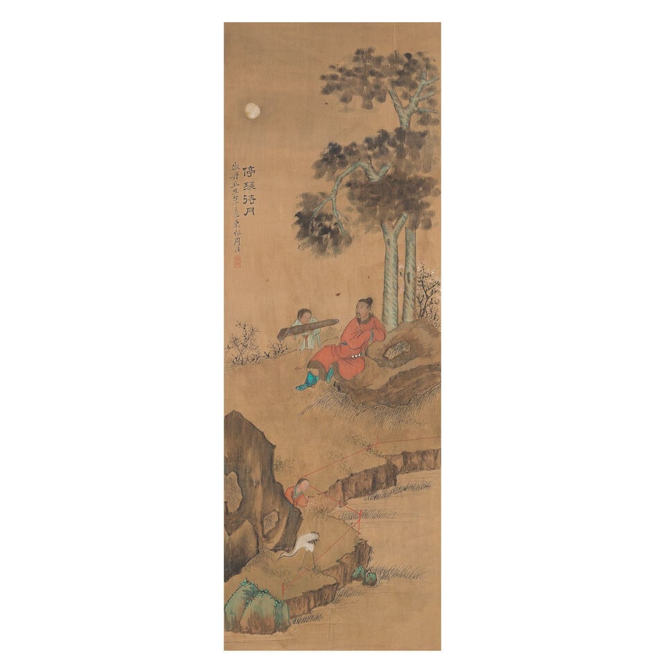After Zhou Chen (circa 1450-1535), 19th century Playing Instrument and Moon Watching (1 of 3)