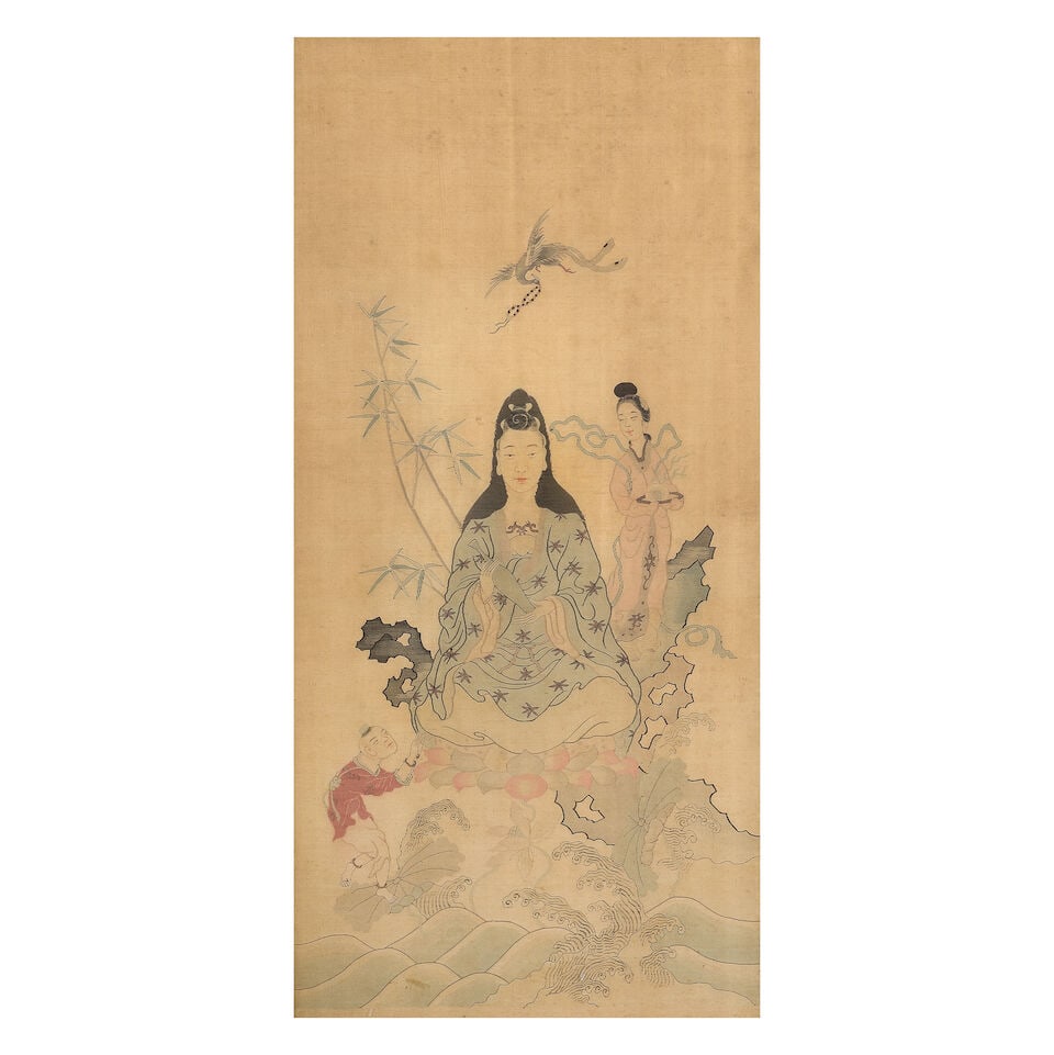 A silk Kesi panel Guanyin and Attendants (1 of 3)