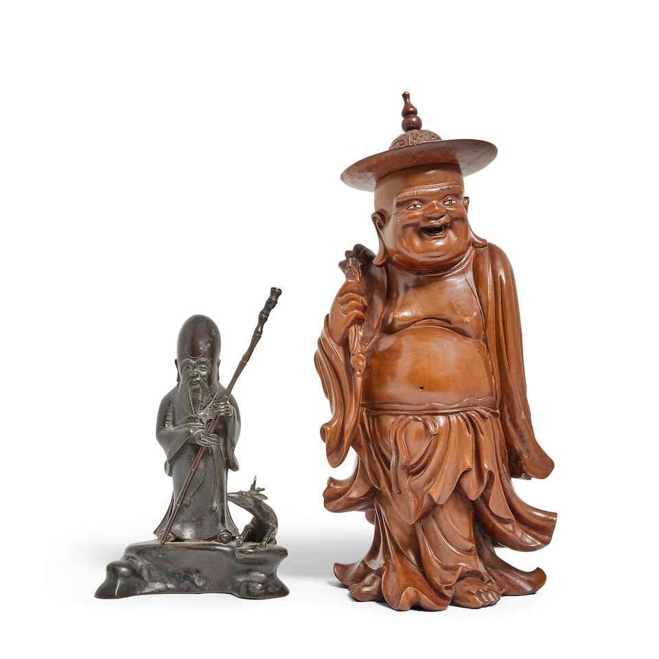 A bronze Shoulao holding a staff, and a carved wood Buddha (1 of 4)
