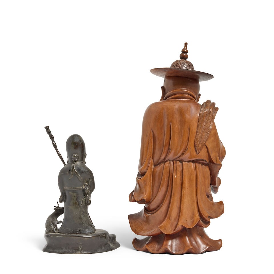 A bronze Shoulao holding a staff, and a carved wood Buddha - 2