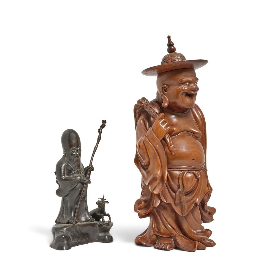 A bronze Shoulao holding a staff, and a carved wood Buddha - 3
