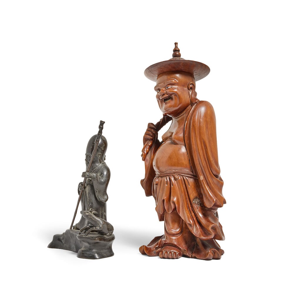 A bronze Shoulao holding a staff, and a carved wood Buddha - 4