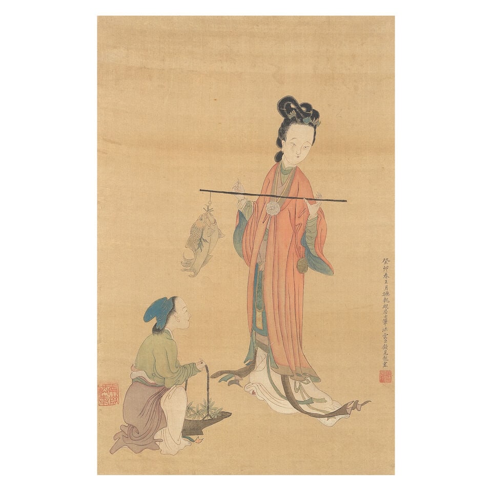 After Jiao Bingzhen (1606-circa 1687), 19th century A Lady Weighing Fish: After Jiao Bingzhen (1606-circa 1687), 19th century A Lady Weighing Fish Ink and colour on silk, 57cm high x 38cm wide (22 1/2in high x 14in wide) For further information on this lot please visit