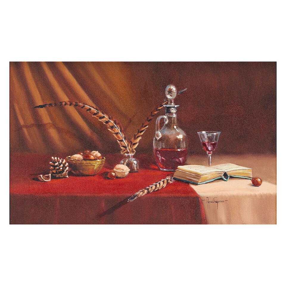 Pippa Chapman (British, 20th Century) Still Life with Decanter, Glass and Quill: Pippa Chapman (British, 20th Century) Still Life with Decanter, Glass and Quill signed 'PippaChapman' (lower right) canvas laid to board 31.5 x 51.5cm (12 3/8 x 20 1/4in). This lot is subject to the