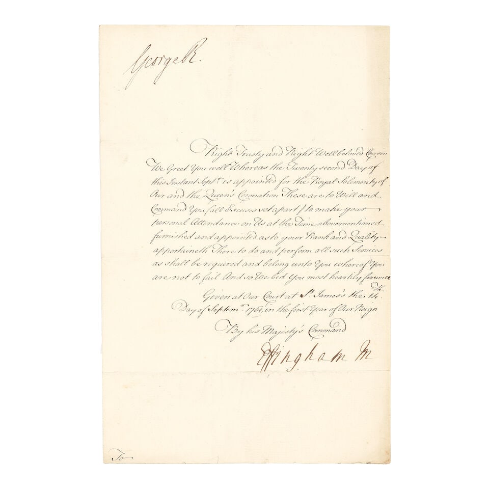 GEORGE III Letter signed ('George R') commanding the recipient attend the Coronation on 22 Septe... (1 of 1)