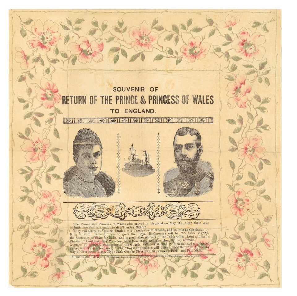 ROYAL SOUVENIRS Three tissue paper souvenirs of Royal events, 1906-1931 (3): ROYAL SOUVENIRS Souvenir of the Return of the Prince and Princess of Wales [later King George V and Queen Mary] to England from their tour of India and Burma, including their engraved portraits and