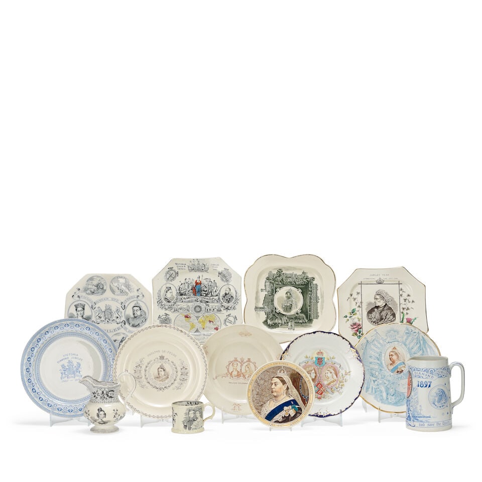 QUEEN VICTORIA - a selection of commemorative ceramics Circa 1838-1897: QUEEN VICTORIA - a selection of commemorative ceramics Circa 1838-1897 Comprising: a Staffordshire pottery proclamation jug, circa 1838, black printed with portraits of the young Queen flanked by Unio