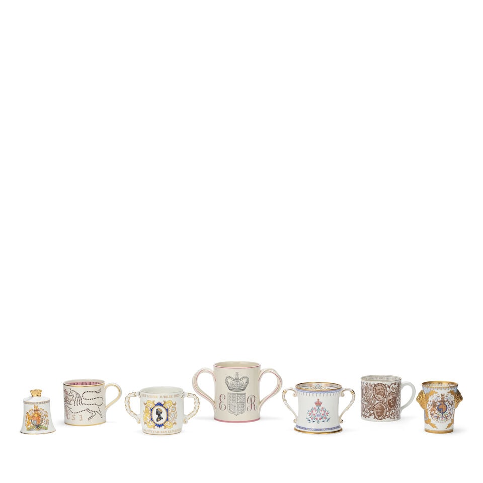 ELIZABETH II - a selection of commemorative ceramics Circa 1953-2012: ELIZABETH II - a selection of commemorative ceramics Circa 1953-2012 Comprising: a large Royal Doulton twin-handled cup, designed by Milner Gray for Courage and Company Limited, commemorating Elizabet