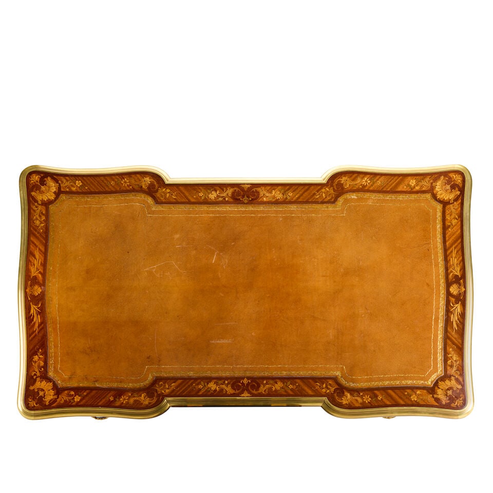 A French kingwood, purplewood, fruitwood marquetry and gilt bronze mounted bureau platEarly 20th... - 2