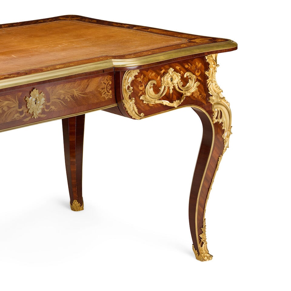 A French kingwood, purplewood, fruitwood marquetry and gilt bronze mounted bureau platEarly 20th... - 3