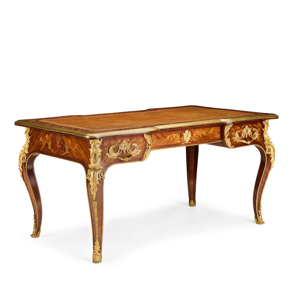A French kingwood, purplewood, fruitwood marquetry and gilt bronze mounted bureau platEarly 20th... - 4