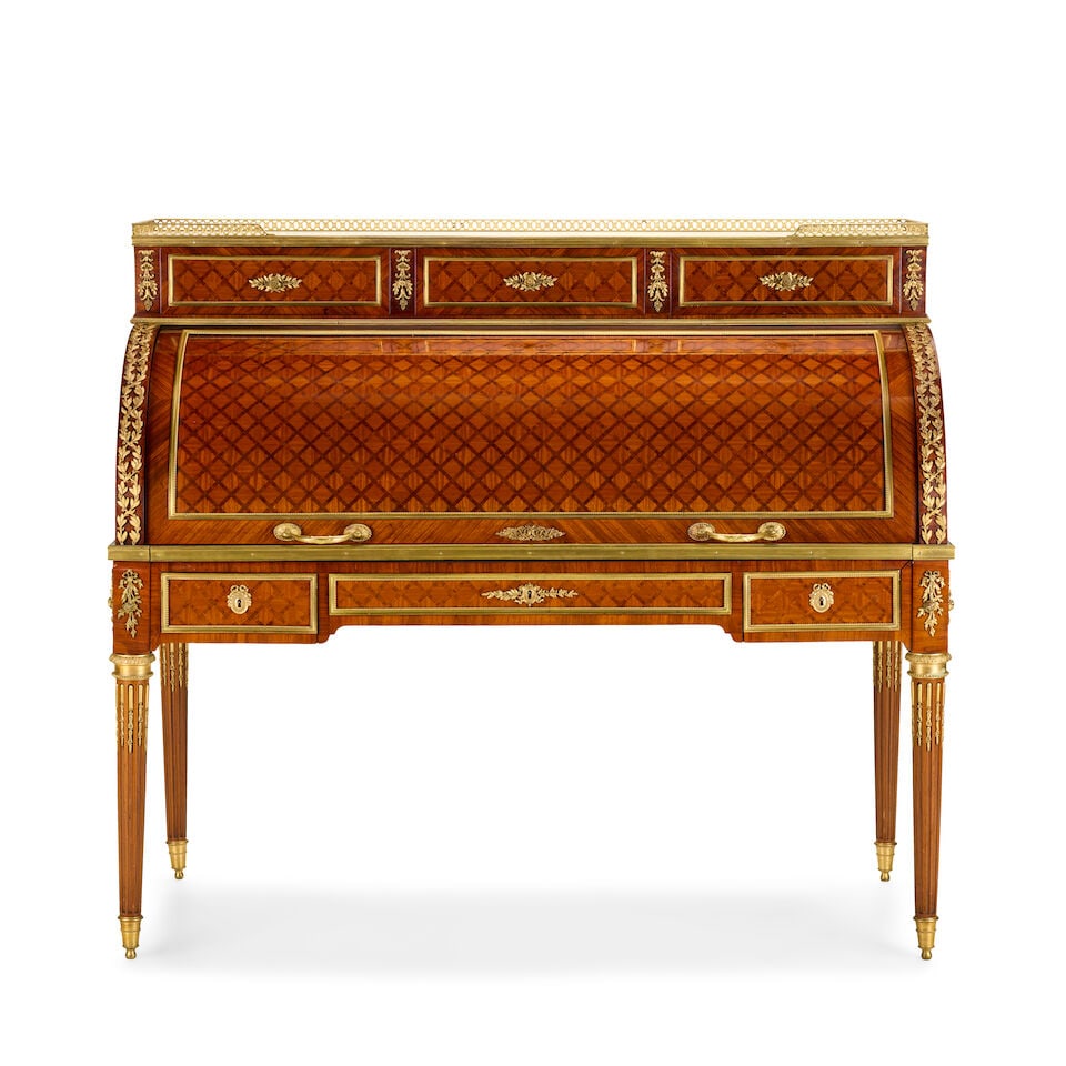 A Louis XVI style kingwood, tulipwood, bois satine, rosewood, parquetry and gilt-metal mounted ... (1 of 6)