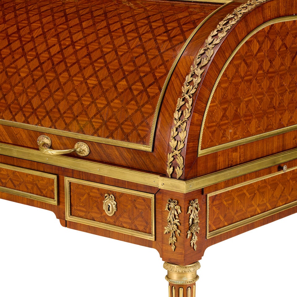 A Louis XVI style kingwood, tulipwood, bois satine, rosewood, parquetry and gilt-metal mounted ... - 3
