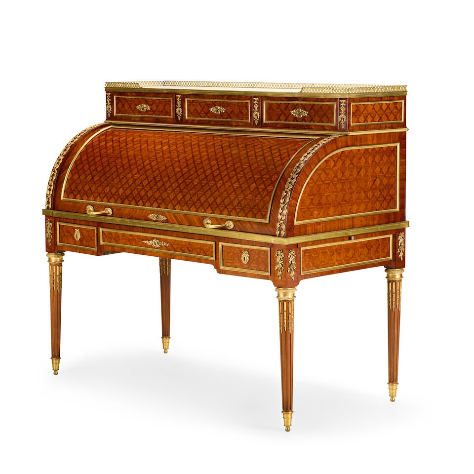 A Louis XVI style kingwood, tulipwood, bois satine, rosewood, parquetry and gilt-metal mounted ... - 5