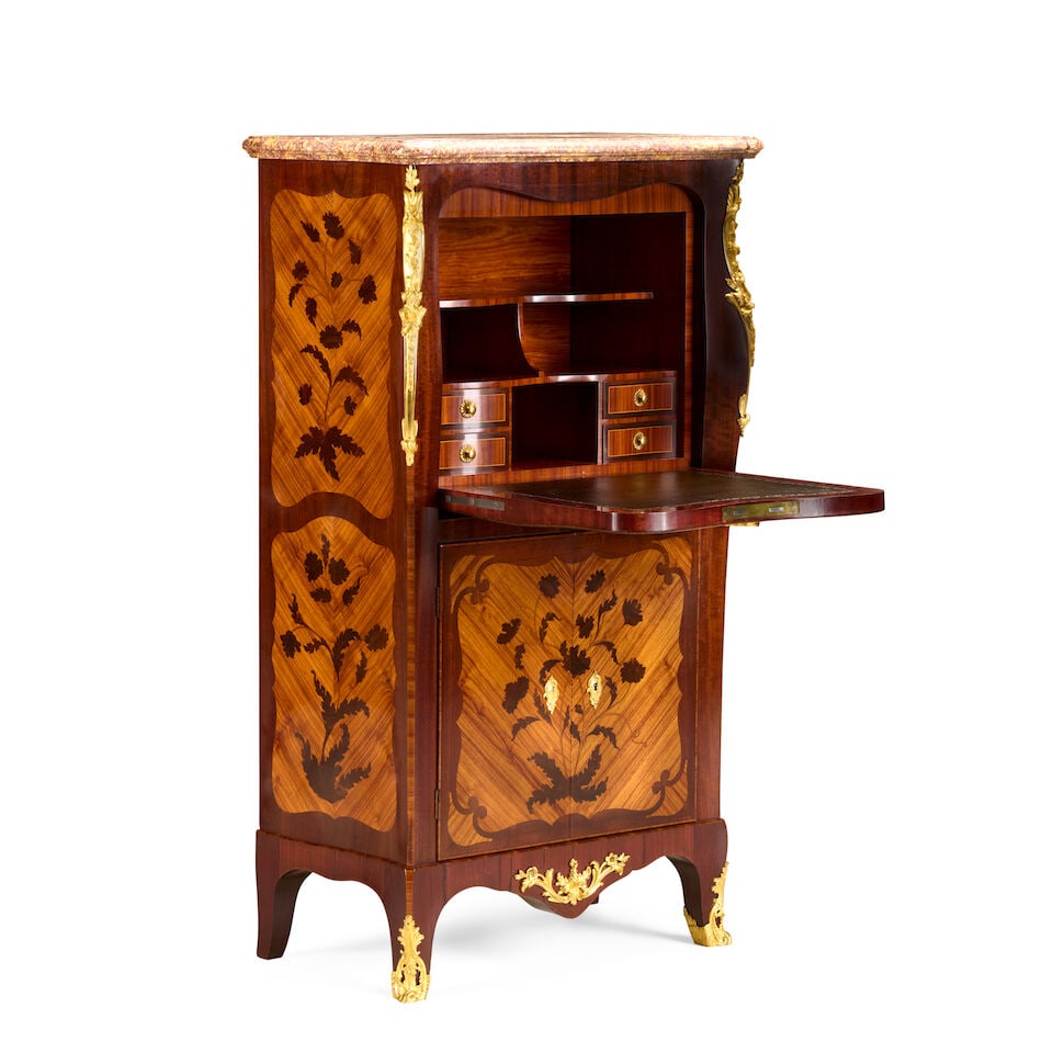 A French tulipwood, purplewood, floral marquetry and gilt bronze mounted secretaire à abatt... - 5