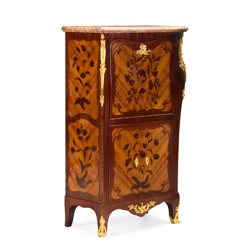 A French tulipwood, purplewood, floral marquetry and gilt bronze mounted secretaire à abatt... - 6