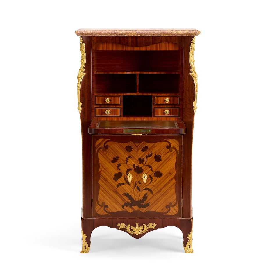 A French tulipwood, purplewood, floral marquetry and gilt bronze mounted secretaire à abatt... - 8